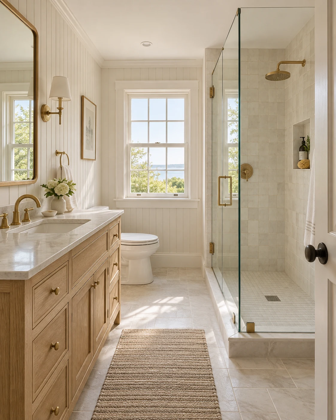 Architectural visualization of a freshly renovated Cape Cod bathroom with an oak vanity, ivory tile, brass fixtures and a glass shower