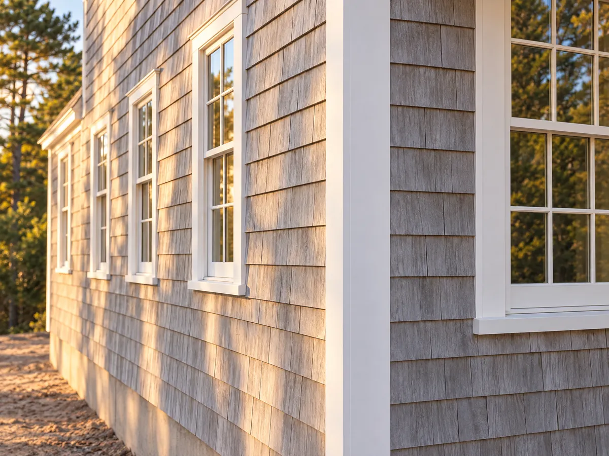 Architectural detail study of cedar shingles and clean white trim