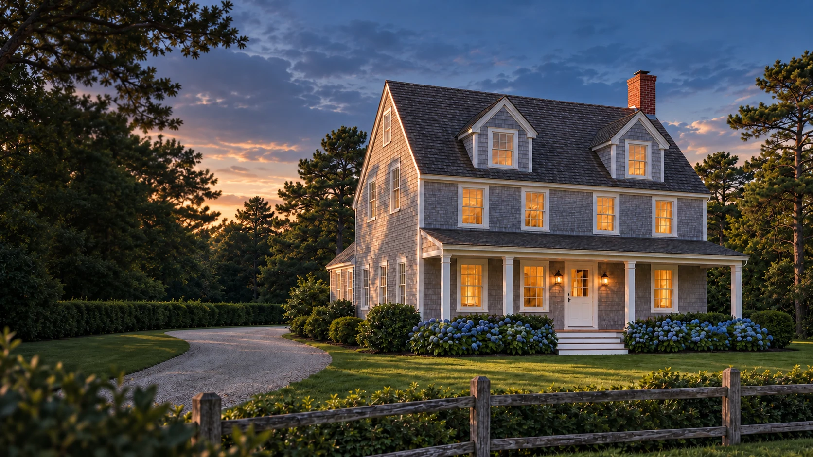 Architectural visualization of a cedar shingle Cape home at dusk, with warm windows and a welcoming porch